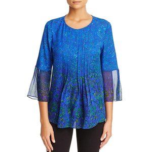 Elie Tahari Orion Pleated Bell Sleeve Silk Blouse in Enchanted